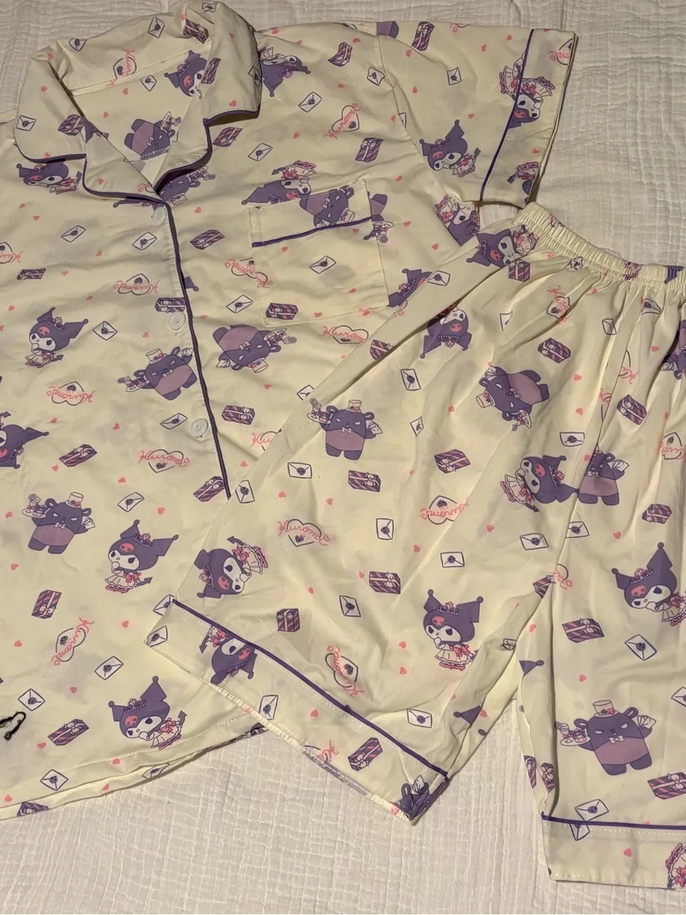 Girls' Cream and Purple Character Pajama Set - Cute Short Sleeve & Shorts